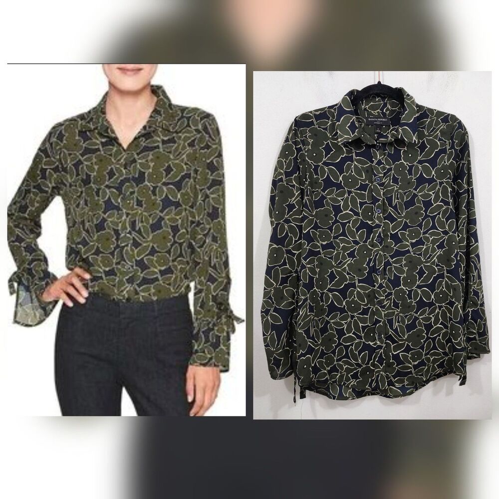 Banana Republic Boyfriend Fit Olive Green Navy Blue Floral Button Up Blouse S